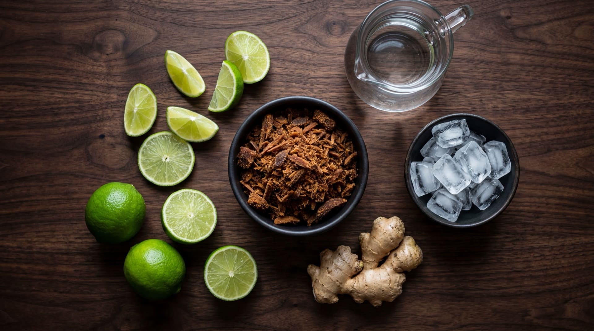 Ingredientes del agua de panela con limon: bloque de panela raspada, limones verdes frescos cortados, hielo cristalino y agua filtrada