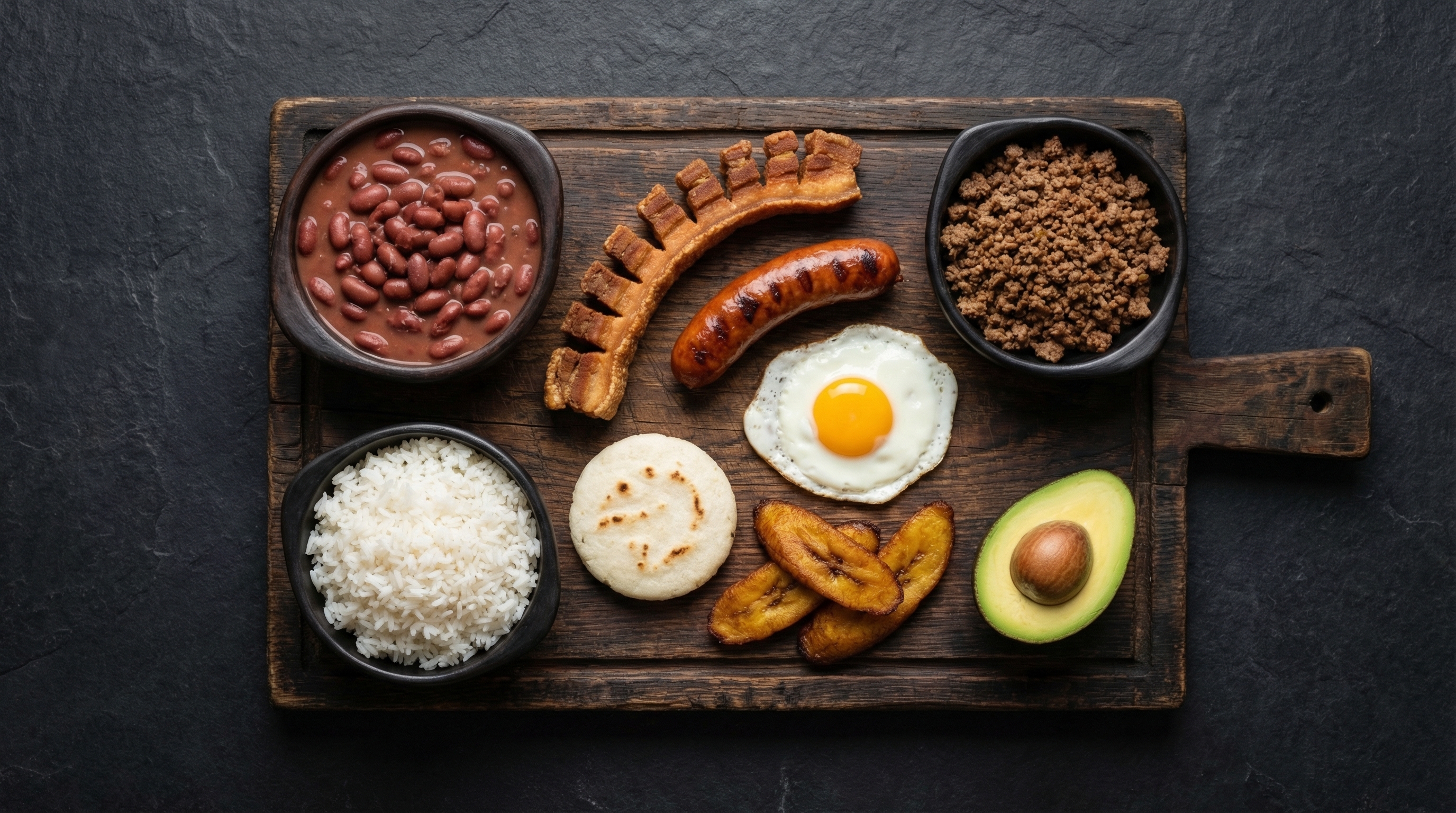 Componentes individuales de la bandeja paisa: frijoles, chicharron, chorizo y huevo frito