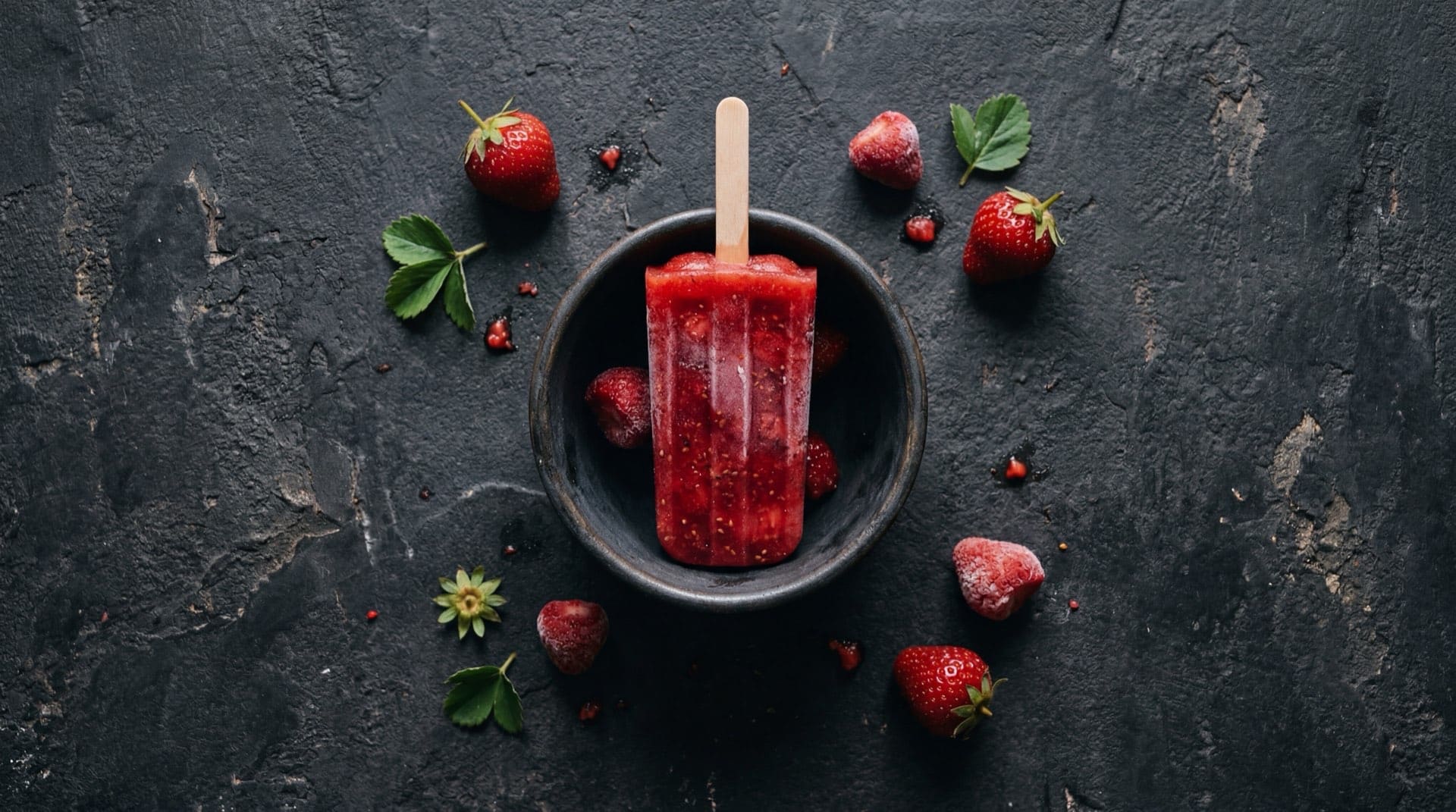 Alternativa saludable al Bon Bon Bum: frutas frescas deshidratadas naturalmente sin azucar con mango, fresa y banano sobre plato de ceramica oscuro