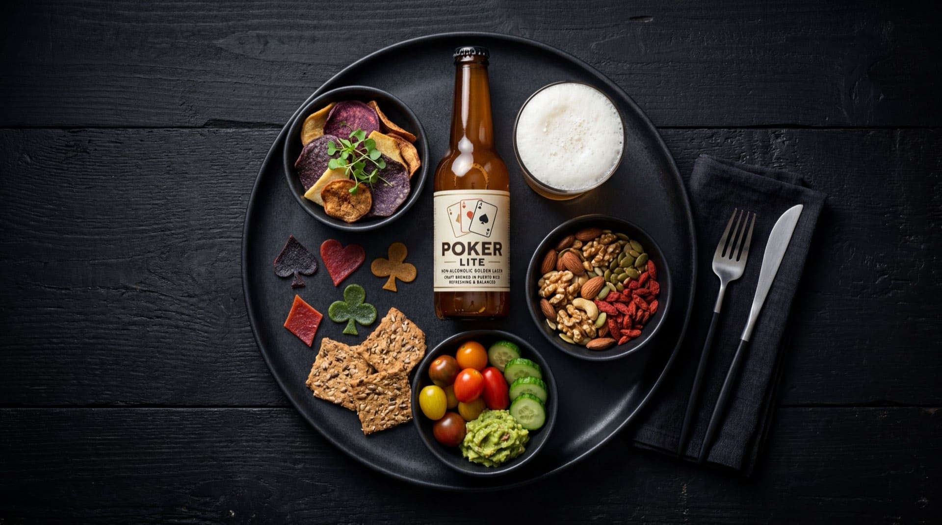 Alternativa saludable a la cerveza Poker: agua mineral con rodaja de limon verde fresco y hielo sobre mesa oscura