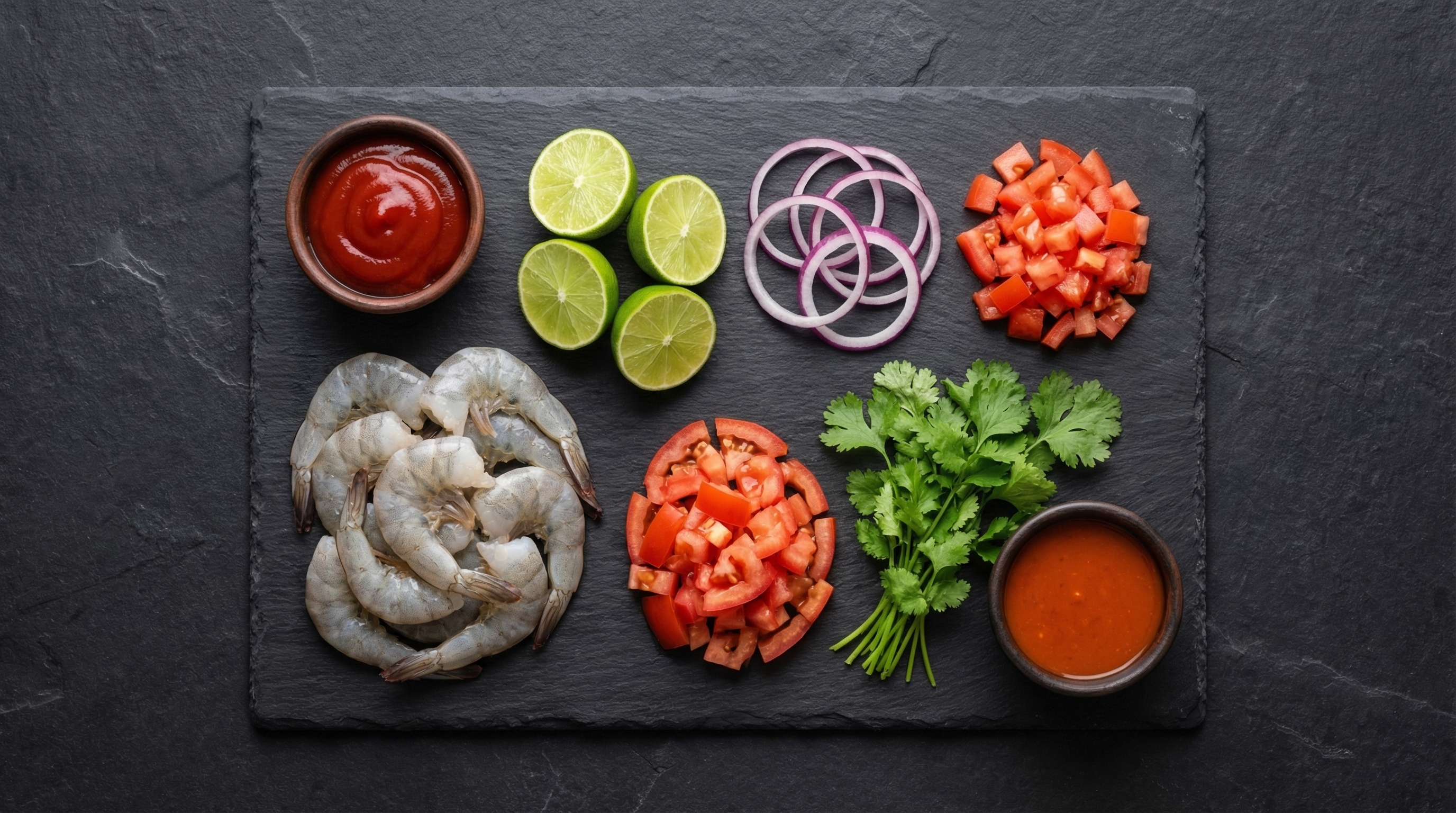 Ingredientes del ceviche colombiano: camaron, pescado, limon, cebolla morada, cilantro, aji y tomate