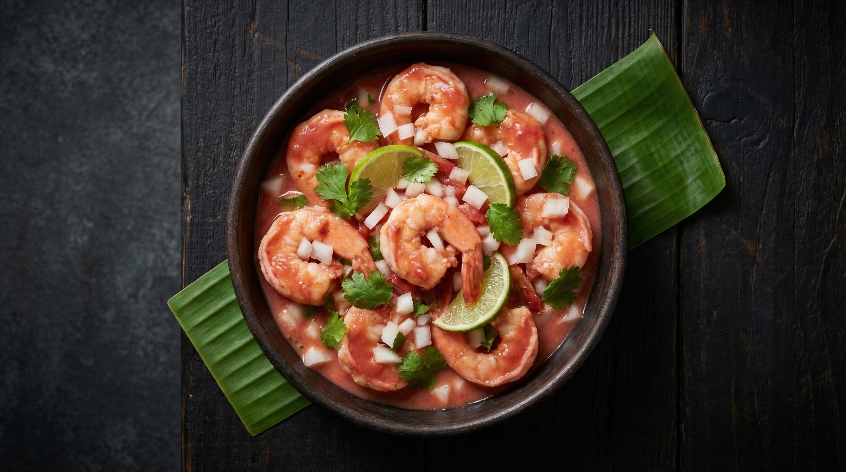 Ceviche colombiano de camaron y pescado con limon, cebolla morada, cilantro y aji