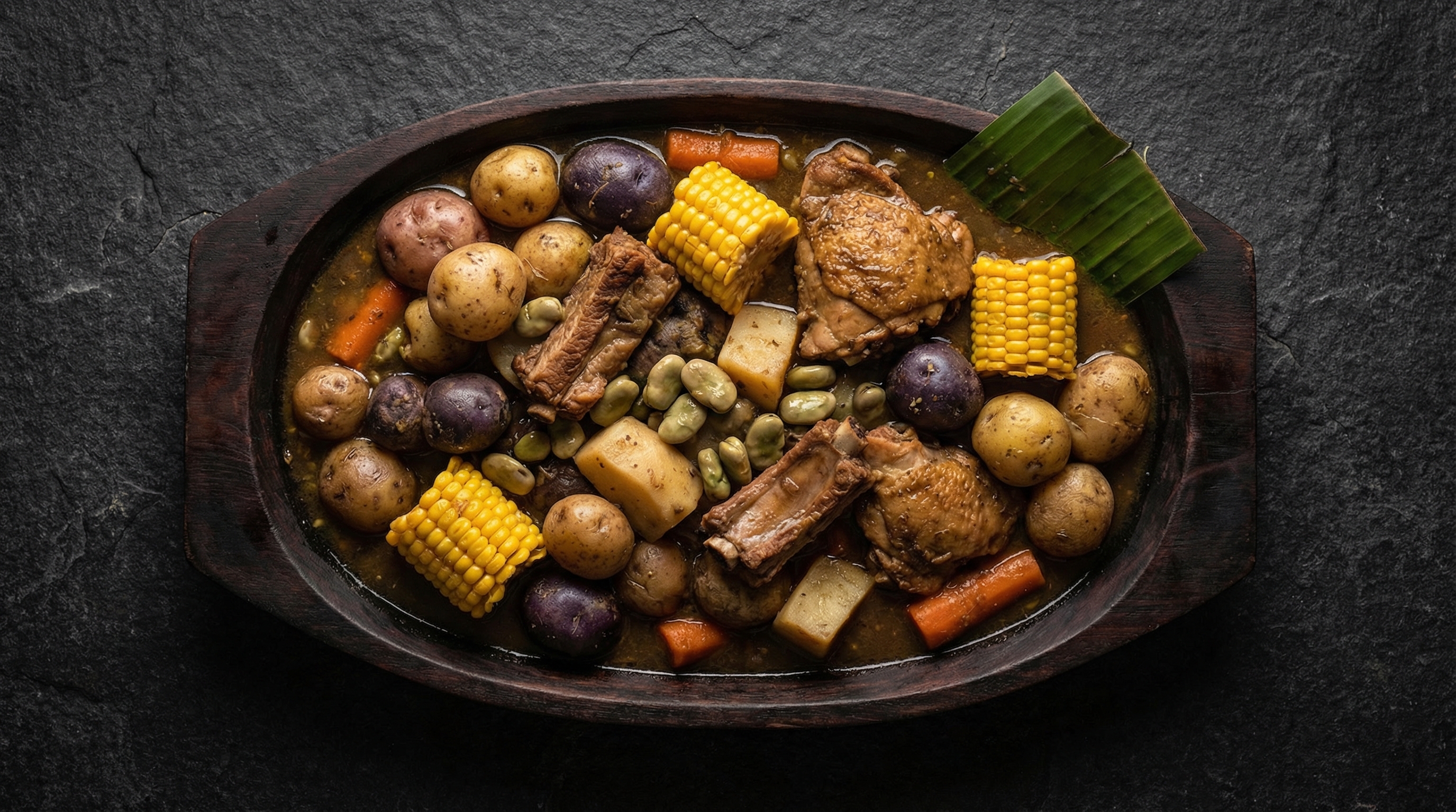 Cocido boyacense con tuberculos andinos, habas, costilla y mazorca