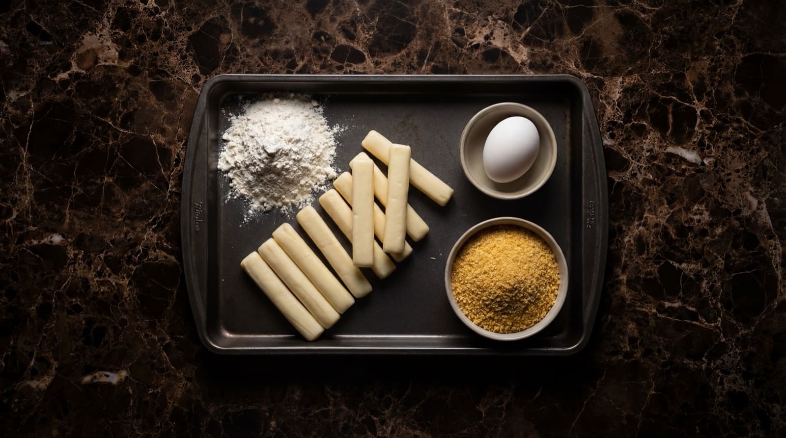 Ingredientes de los deditos de queso: queso mozzarella, harina, huevo, pan rallado y aceite