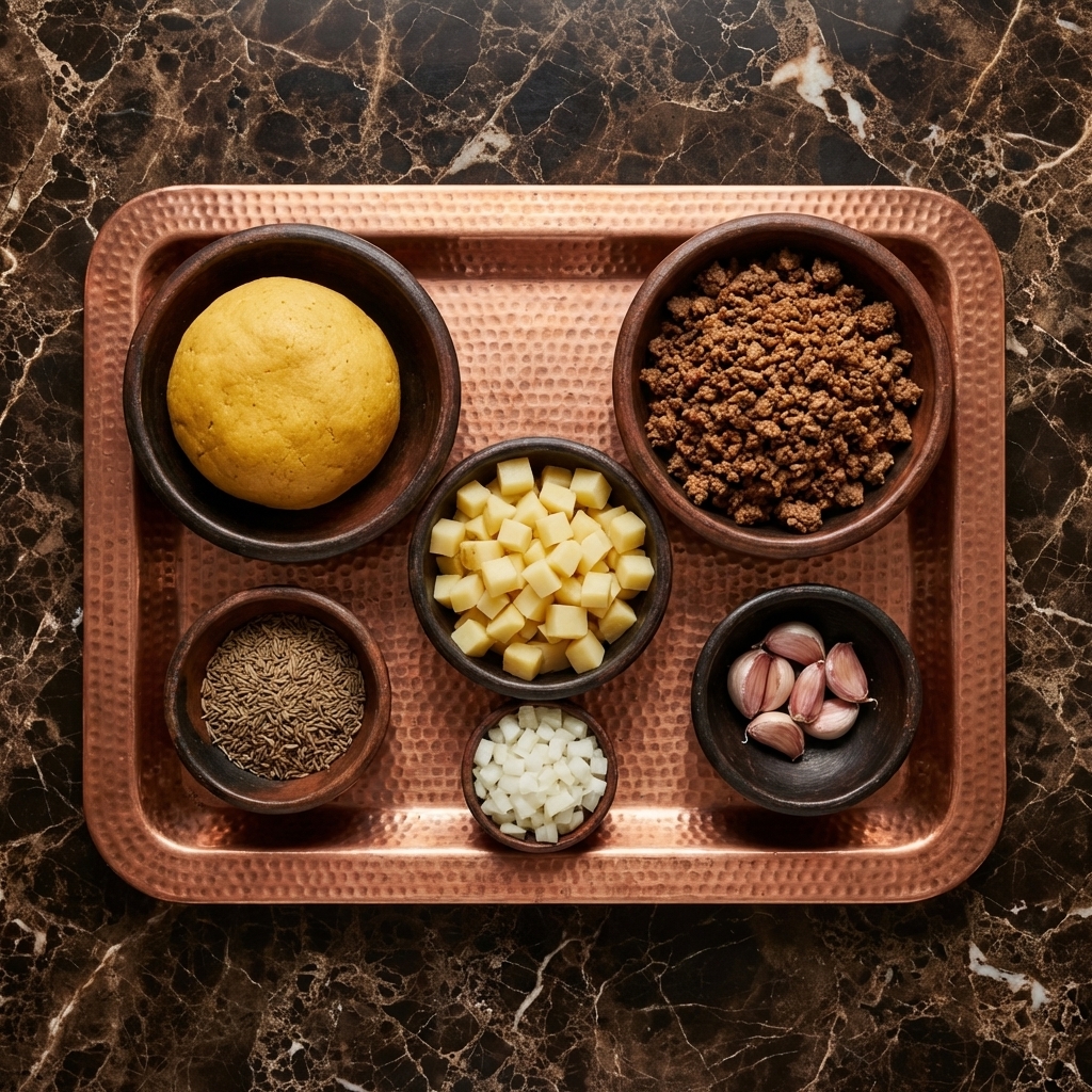 Ingredientes de la empanada colombiana: masa de maiz amarillo, carne molida, papa, cebolla y especias