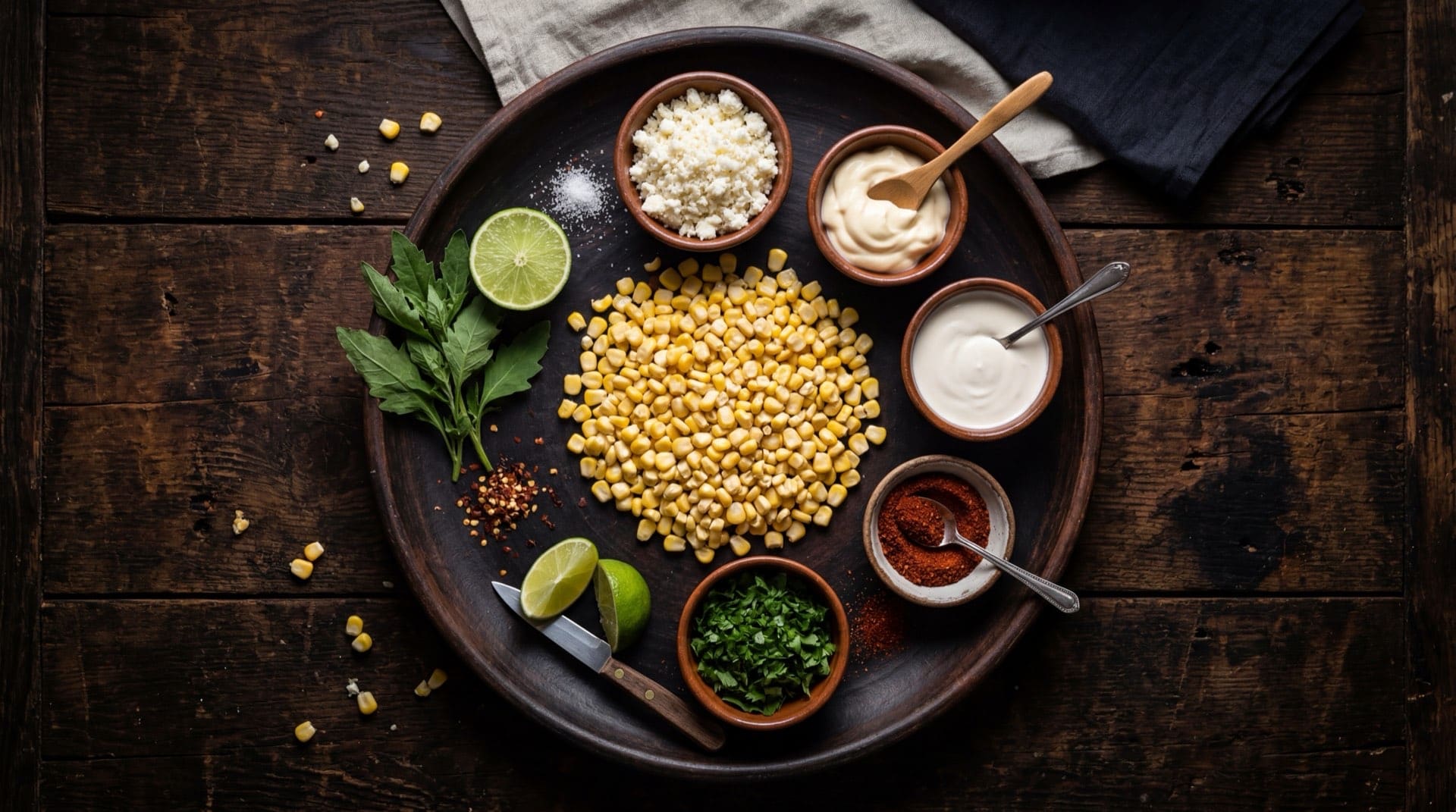 Ingredientes para esquites mexicanos: granos de maiz frescos desgranados, epazote fresco en ramas, mayonesa entera mexicana, queso cotija rallado finamente, chile en polvo rojo tipo Tajin, limones verdes mexicanos, chile serrano fresco verde y cebolla blanca