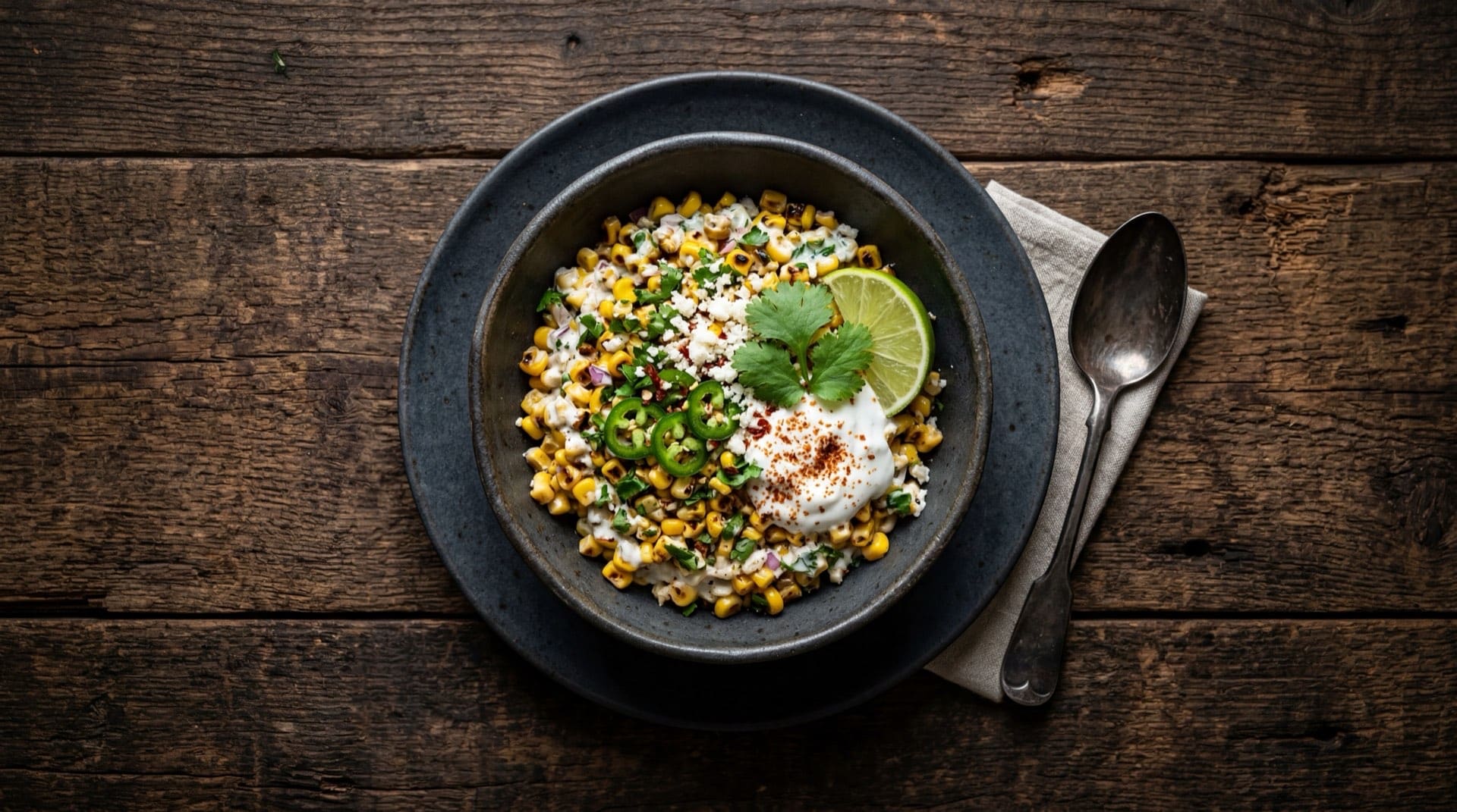 Esquites mexicanos version saludable sin mayonesa, con abundante limon verde, chile en polvo rojo y queso cotija rallado finamente