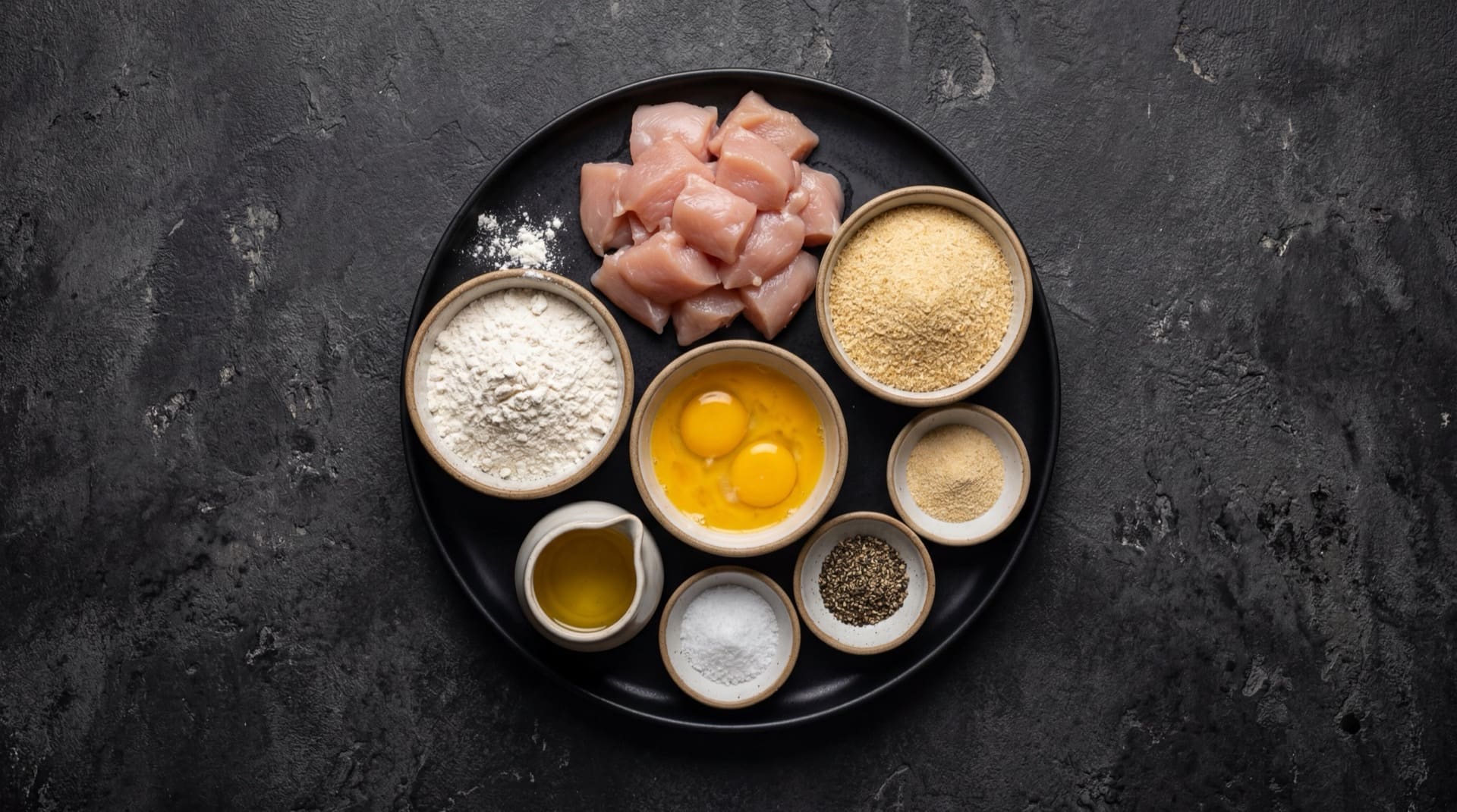 Ingredientes de nuggets de pollo estilo Frisby: pechuga de pollo fresca deshuesada, harina de trigo para todo uso, pan rallado fino, huevos frescos batidos, sal fina, pimienta negra molida, ajo en polvo y aceite vegetal