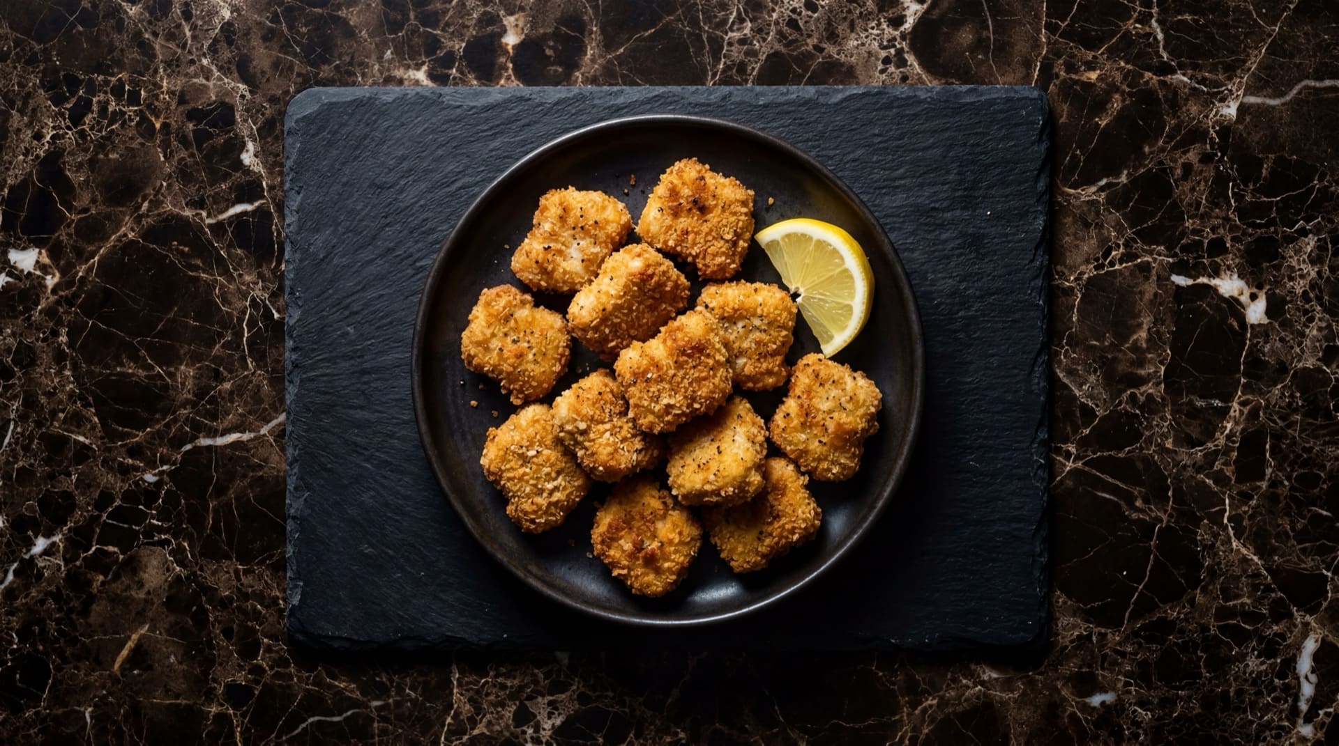 Nuggets de pollo al horno estilo Frisby version saludable sin freir sobre plato de ceramica oscura
