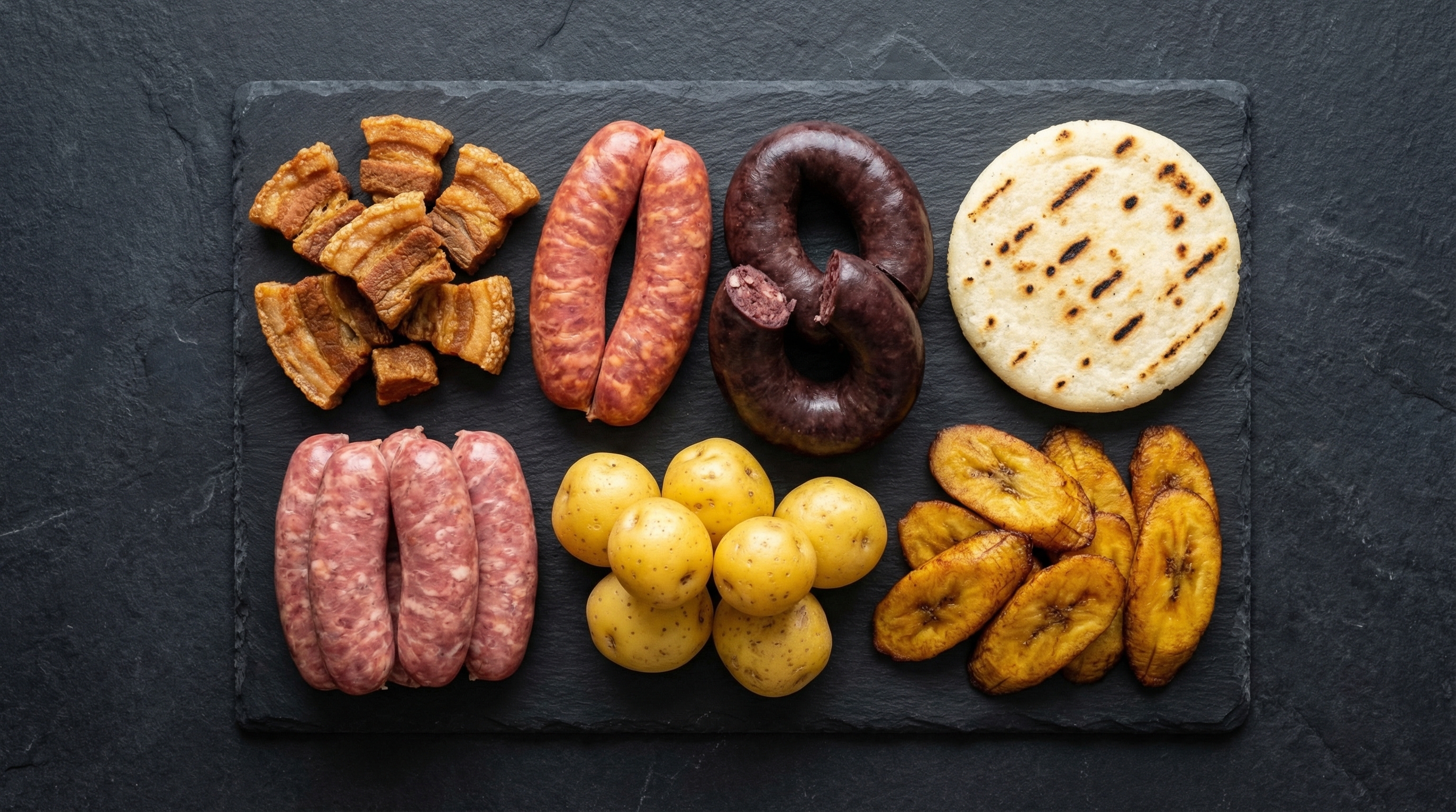 Componentes de la fritanga: chicharron, chorizo, morcilla, papa criolla y platano
