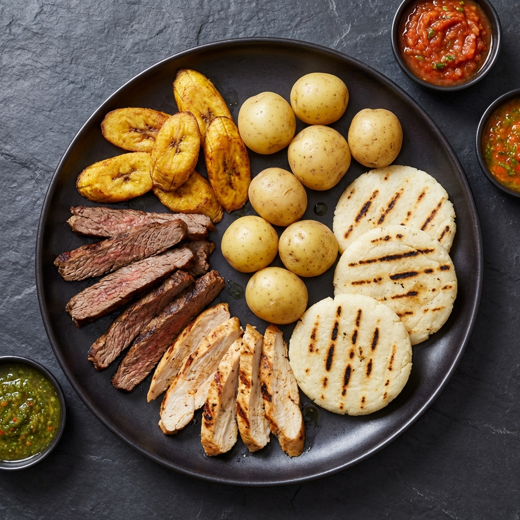 Version mas saludable de fritanga con carnes a la parrilla y menos frituras