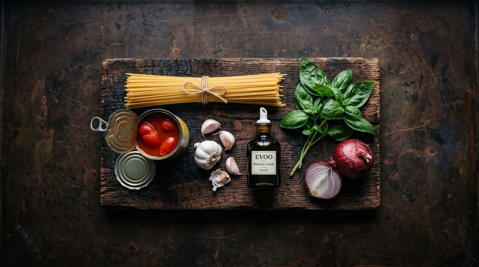 Ingredientes de la Pasta Doria: harina de trigo durum semolina, huevo fresco, sal de mesa, hierro en polvo y acido folico sobre mesa oscura