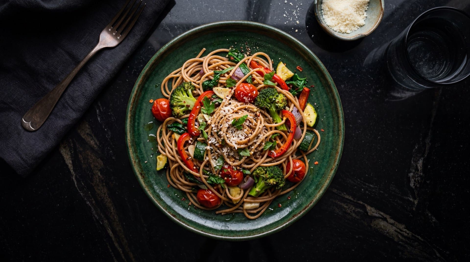 Version saludable de spaghetti Doria integral con verduras salteadas, brocoli al vapor, pechuga de pollo a la plancha y tomate rojo cherry