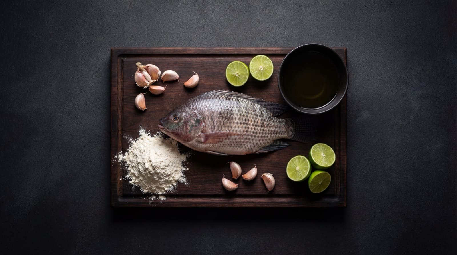 Ingredientes del pescado frito: mojarra entera, harina, limon, ajo y aceite