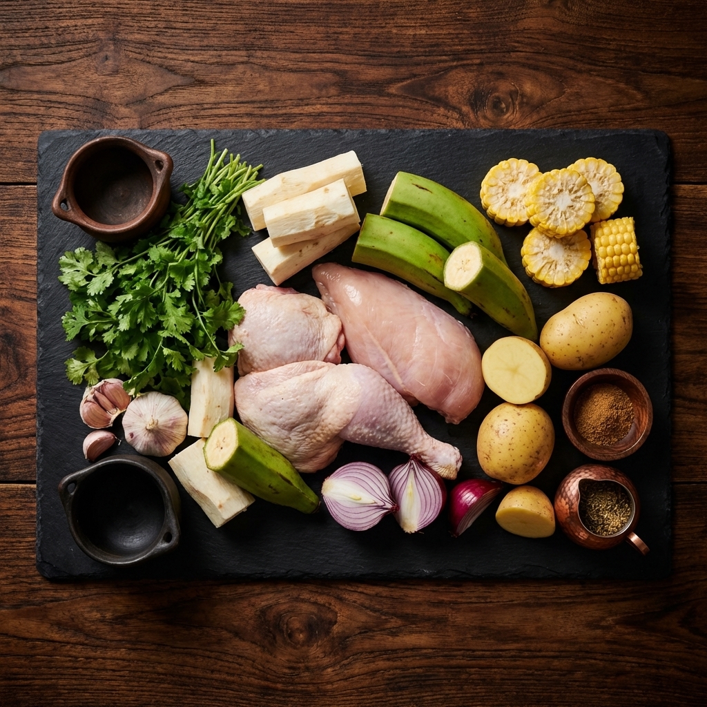 Ingredientes del sancocho: gallina, yuca, platano verde, papa, mazorca, cilantro y cebolla