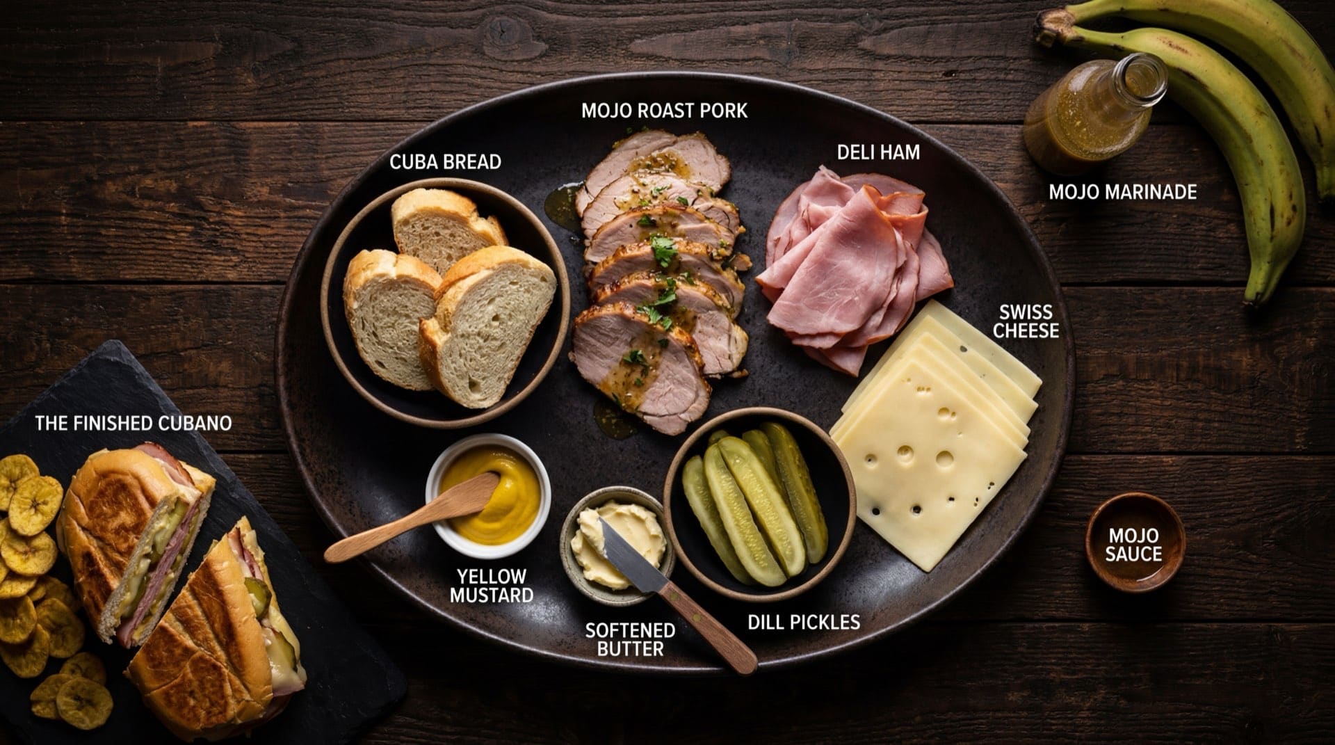 Ingredientes del sandwich cubano estilo Qbano: pan sub largo crujiente, jamon de cerdo en rodajas finas, pernil de cerdo asado desmenuzado, queso amarillo tipo americano en rodajas, pepinillos encurtidos en vinagre y mostaza amarilla clasica