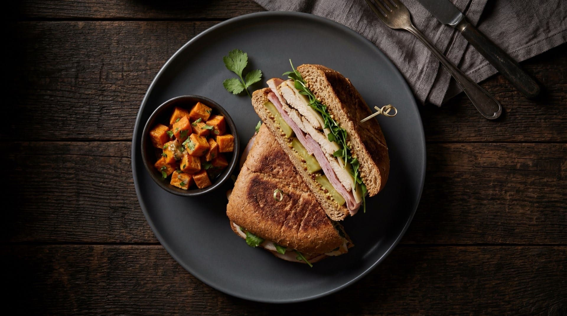 Version saludable del sandwich cubano con pan integral, pechuga de pavo en rodajas en vez de cerdo, queso bajo en grasa, pepinillos encurtidos y mostaza amarilla, sin mantequilla en la plancha