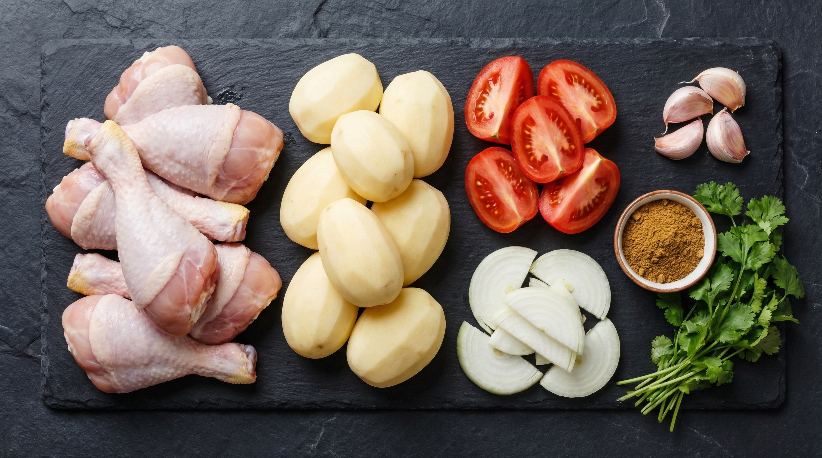 Ingredientes del sudado de pollo: pollo, papa, tomate, cebolla y cilantro