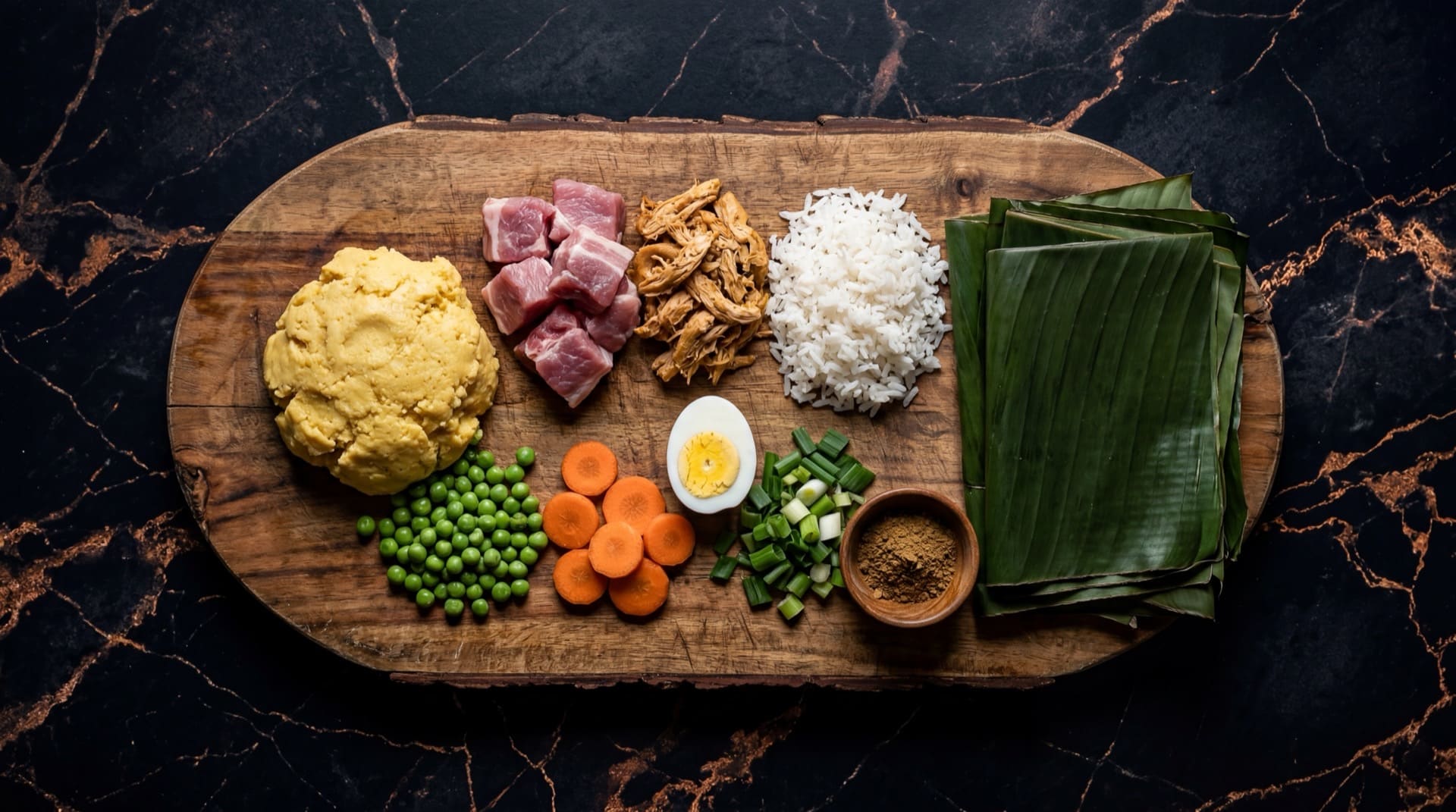 Ingredientes del tamal tolimense: arroz blanco crudo, carne de cerdo en trozos gruesos, pechuga de pollo en presas, huevos duros pelados, arvejas verdes secas, zanahorias grandes en rodajas, manteca de cerdo, hojas de platano soasadas y cebolla larga fresca